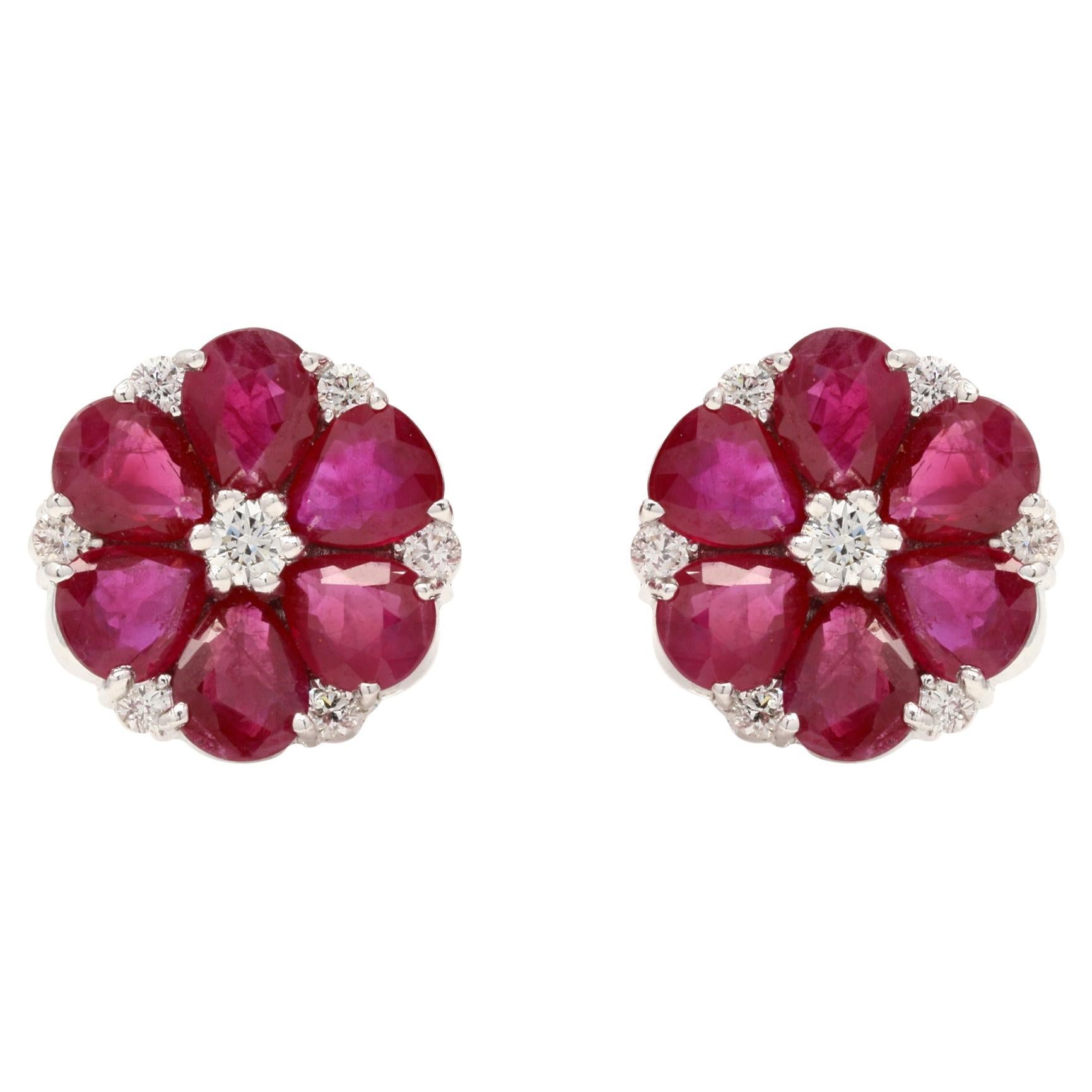 Natural Ruby Blossom Push-Back Studs with Diamonds Studded in 18k White Gold