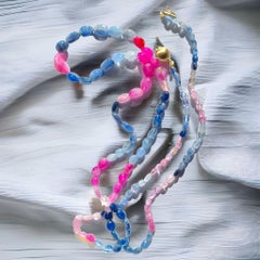 Natural Ruby, Blue and Pink Sapphire Bead Long Necklace,  Clasp 14K Gold