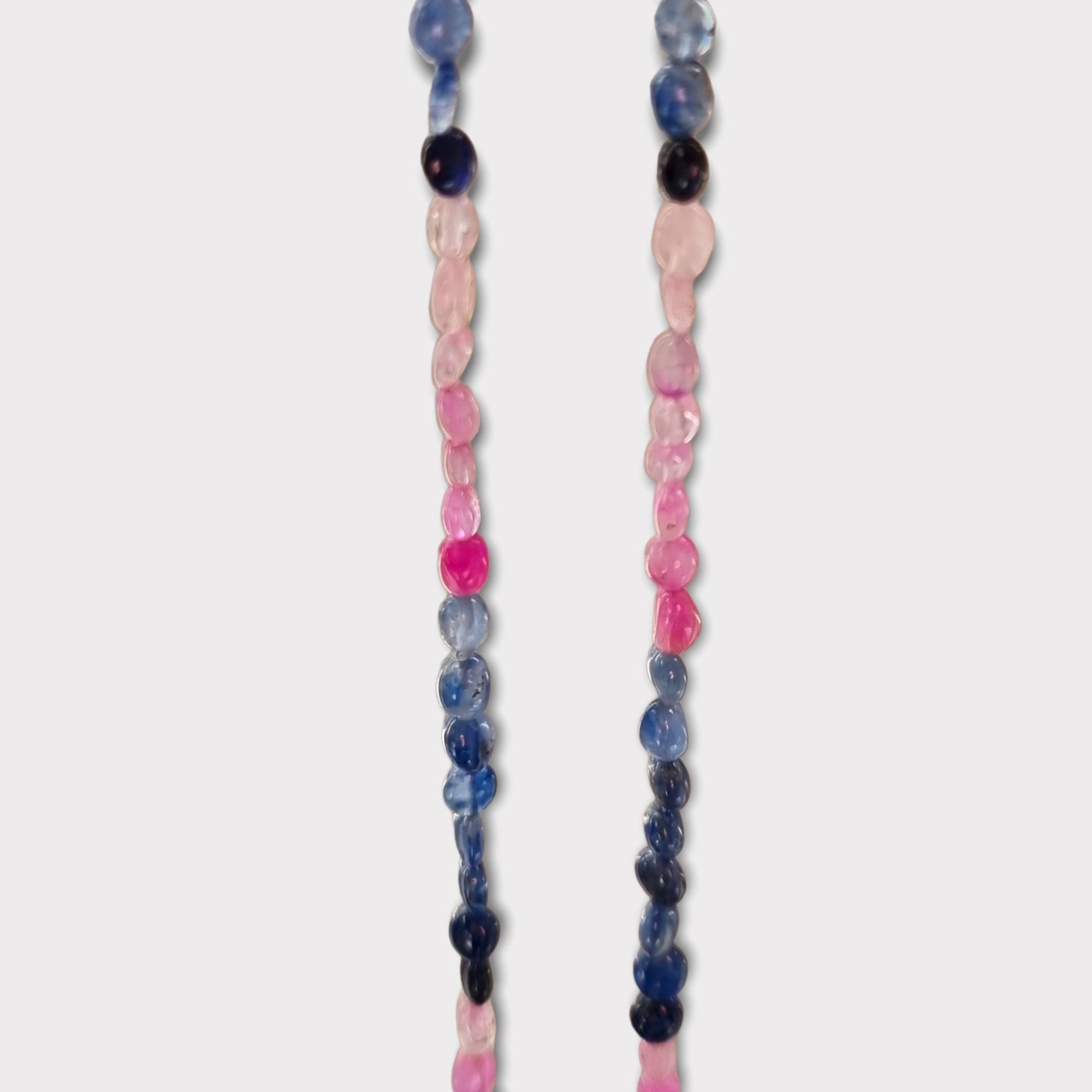 Femenino o masculino Collar largo de cuentas de rubí natural, zafiro azul y zafiro rosa,  Cierre Oro 14K en venta
