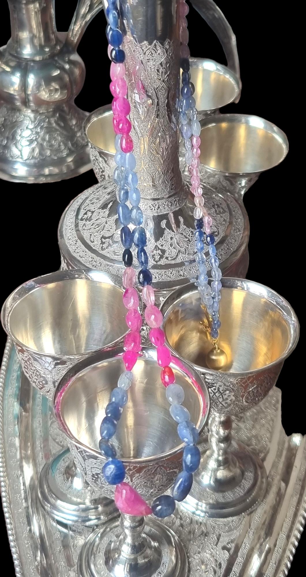 Collar largo de cuentas de rubí natural, zafiro azul y zafiro rosa,  Cierre Oro 14K en venta 3