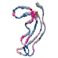 Natural Ruby, Blue and Pink Sapphire Bead Long Necklace,  Clasp 14K Gold