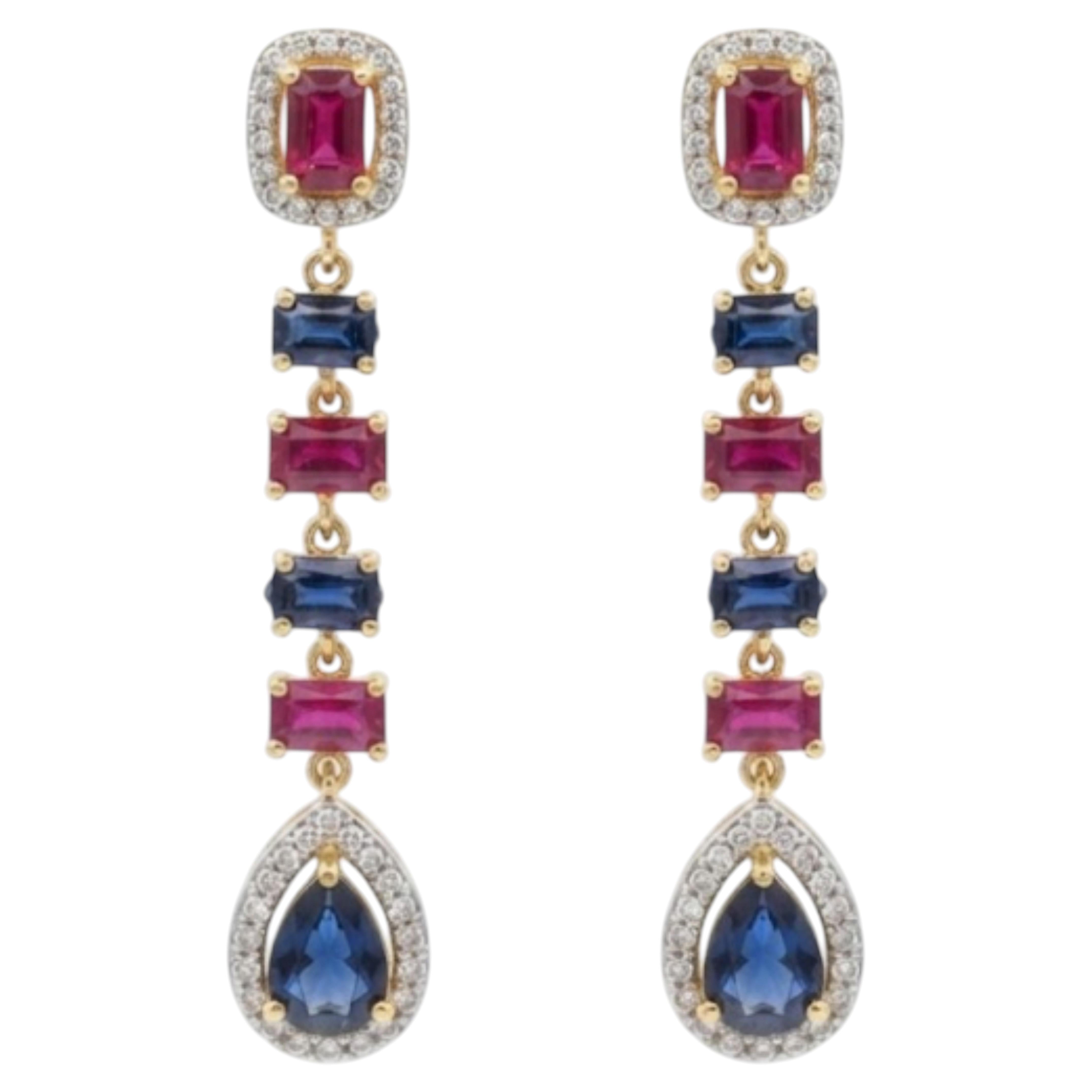 Boucles d'oreilles en rubis bleu naturel, saphir et diamant, en or 14 carats