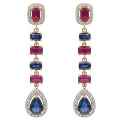 Natural Ruby Blue, Sapphire, & Diamond Earring in 14k Gold