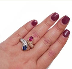 Natural Ruby, Blue Sapphire & Diamond Ring in 14k Gold