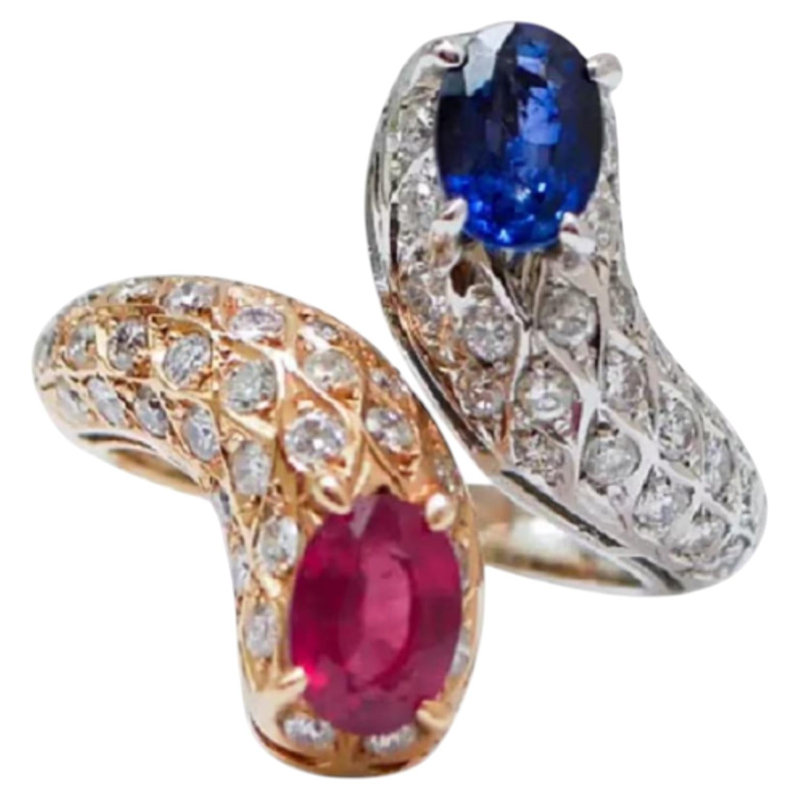 Natural Ruby, Blue Sapphire & Diamond Ring in 14k Gold For Sale