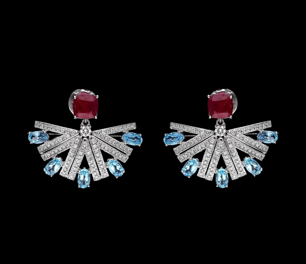 Mixed Cut Natural ruby & blue topaz & diamond earring in 18k hold For Sale