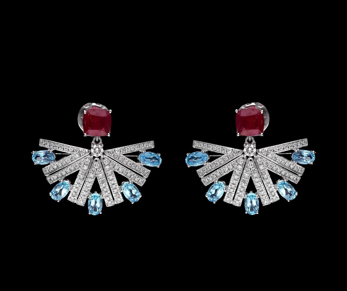 Natural ruby & blue topaz & diamond earring in 18k hold In New Condition For Sale In jaipur, IN