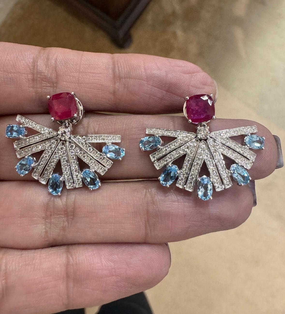 Women's Natural ruby & blue topaz & diamond earring in 18k hold For Sale