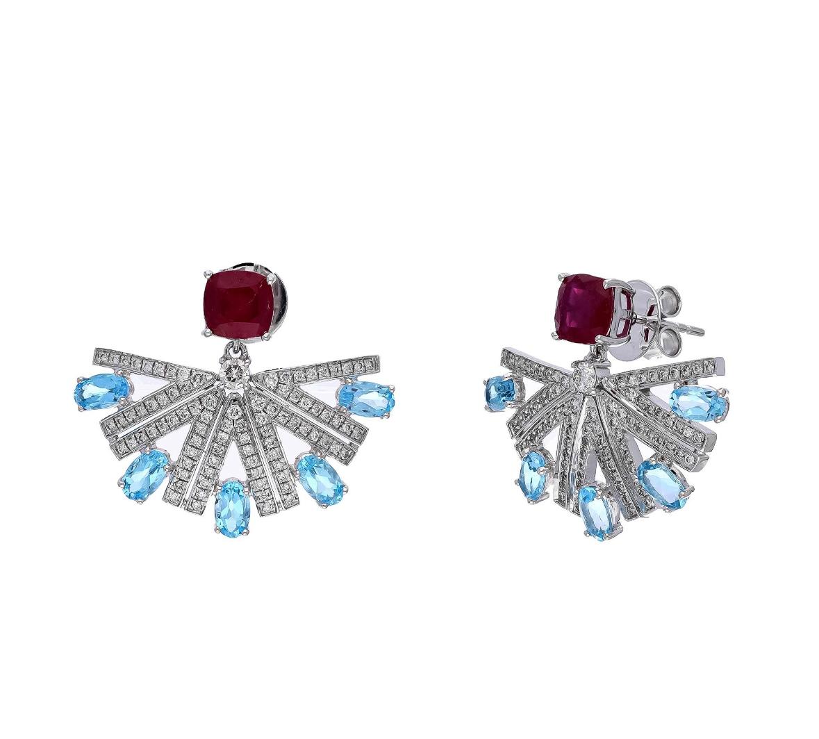 Natural ruby & blue topaz & diamond earring in 18k hold For Sale 1