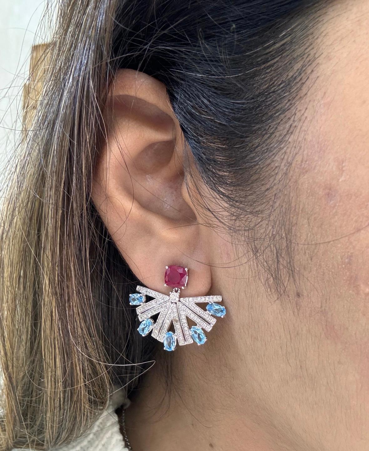 Natural ruby & blue topaz & diamond earring in 18k hold For Sale 2