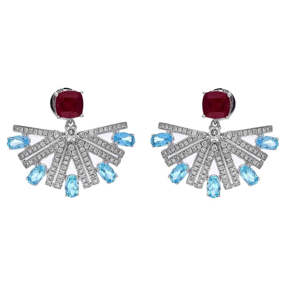 Natural ruby & blue topaz & diamond earring in 18k hold