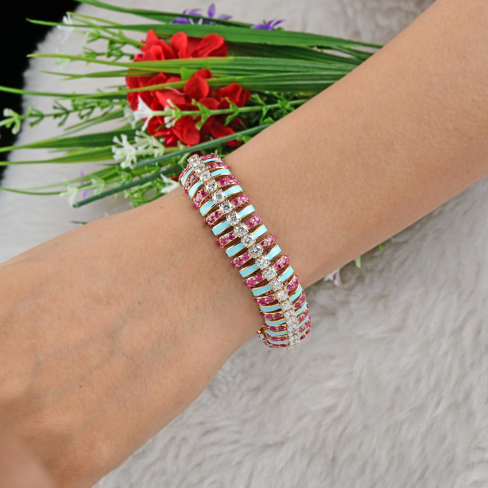 Modern Natural Ruby Bracelet Diamond Turquoise Enamel 18 Karat Yellow Gold Jewelry For Sale