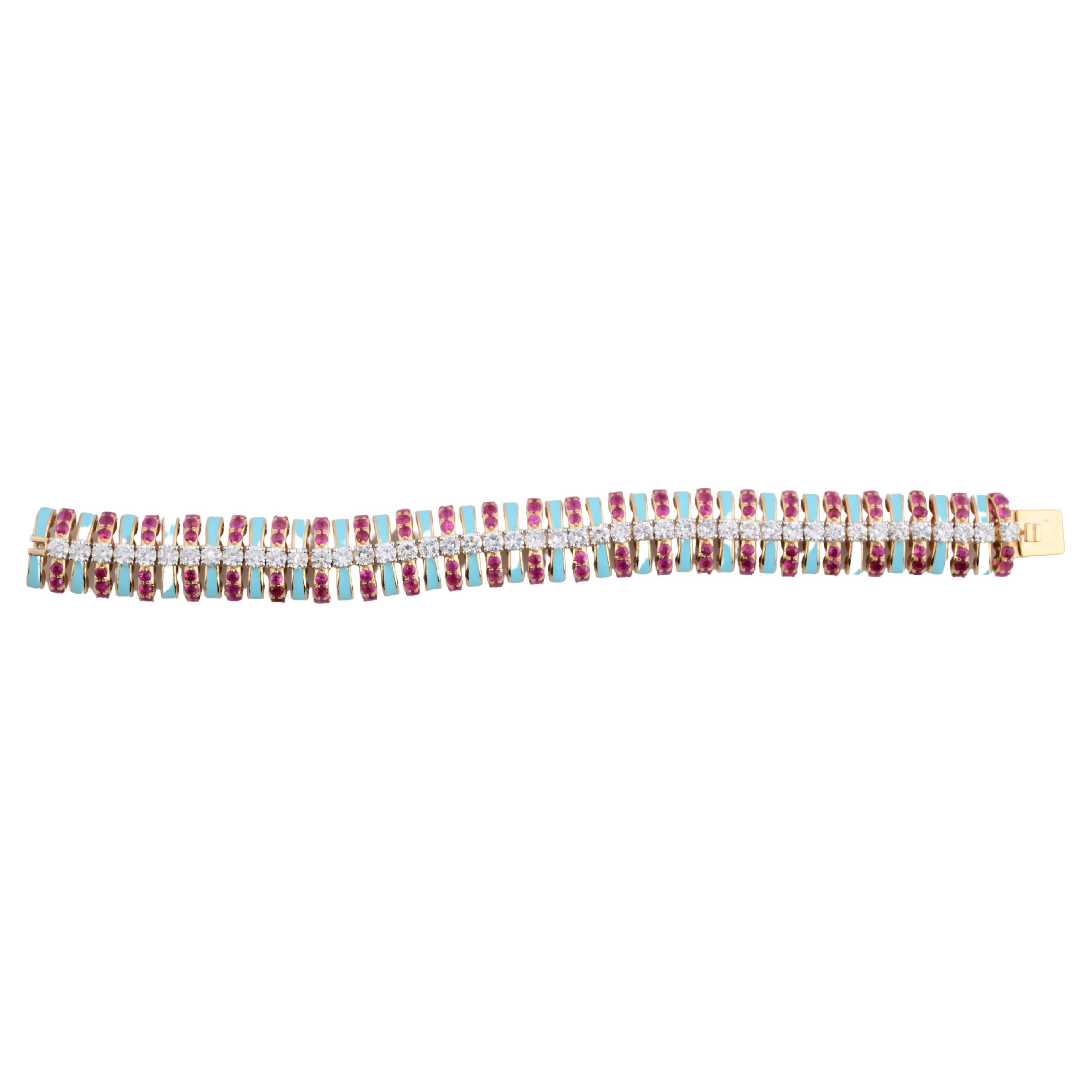 Round Cut Natural Ruby Bracelet Diamond Turquoise Enamel 18 Karat Yellow Gold Jewelry For Sale