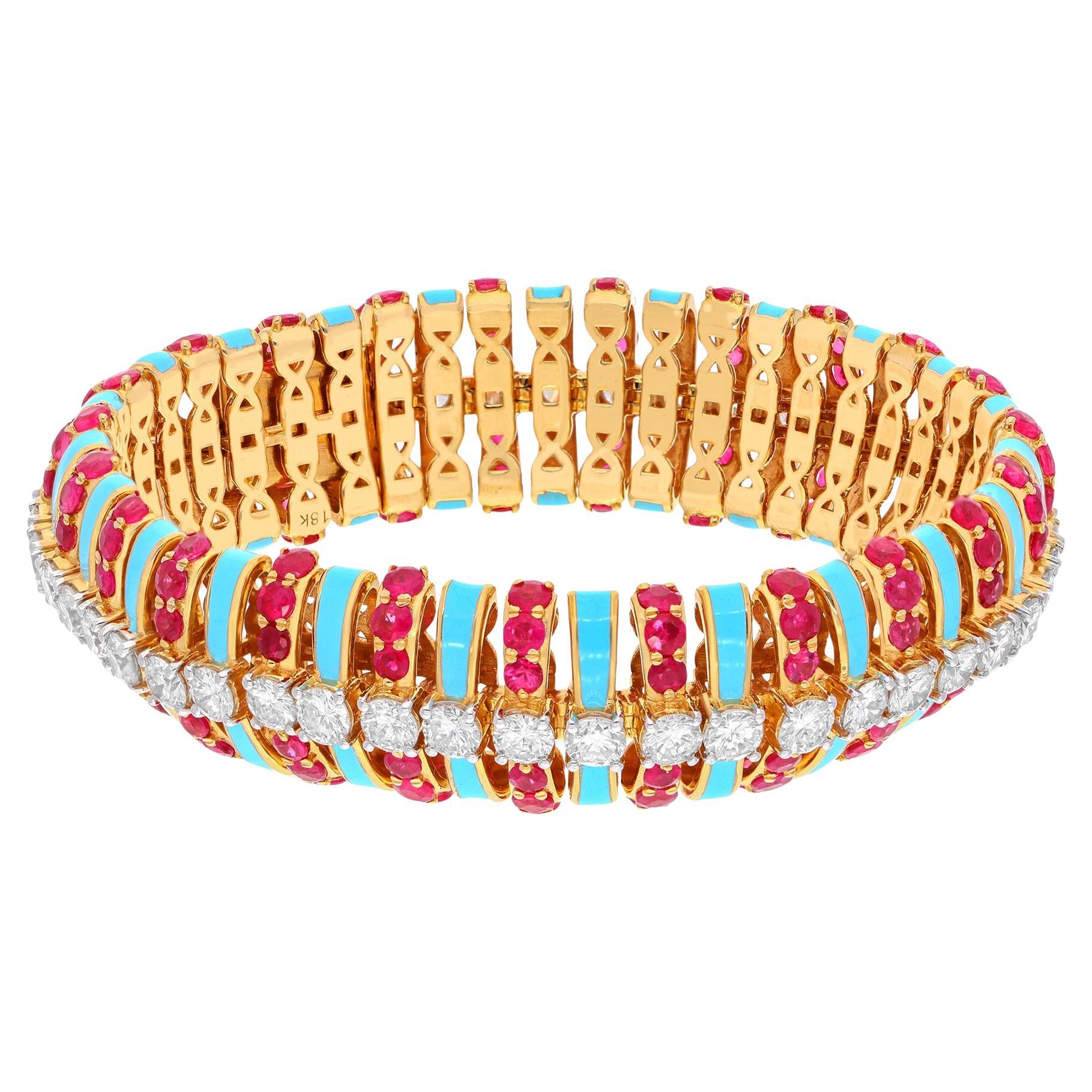 Bracelet en or jaune 18 carats, diamants, turquoises et émail en vente