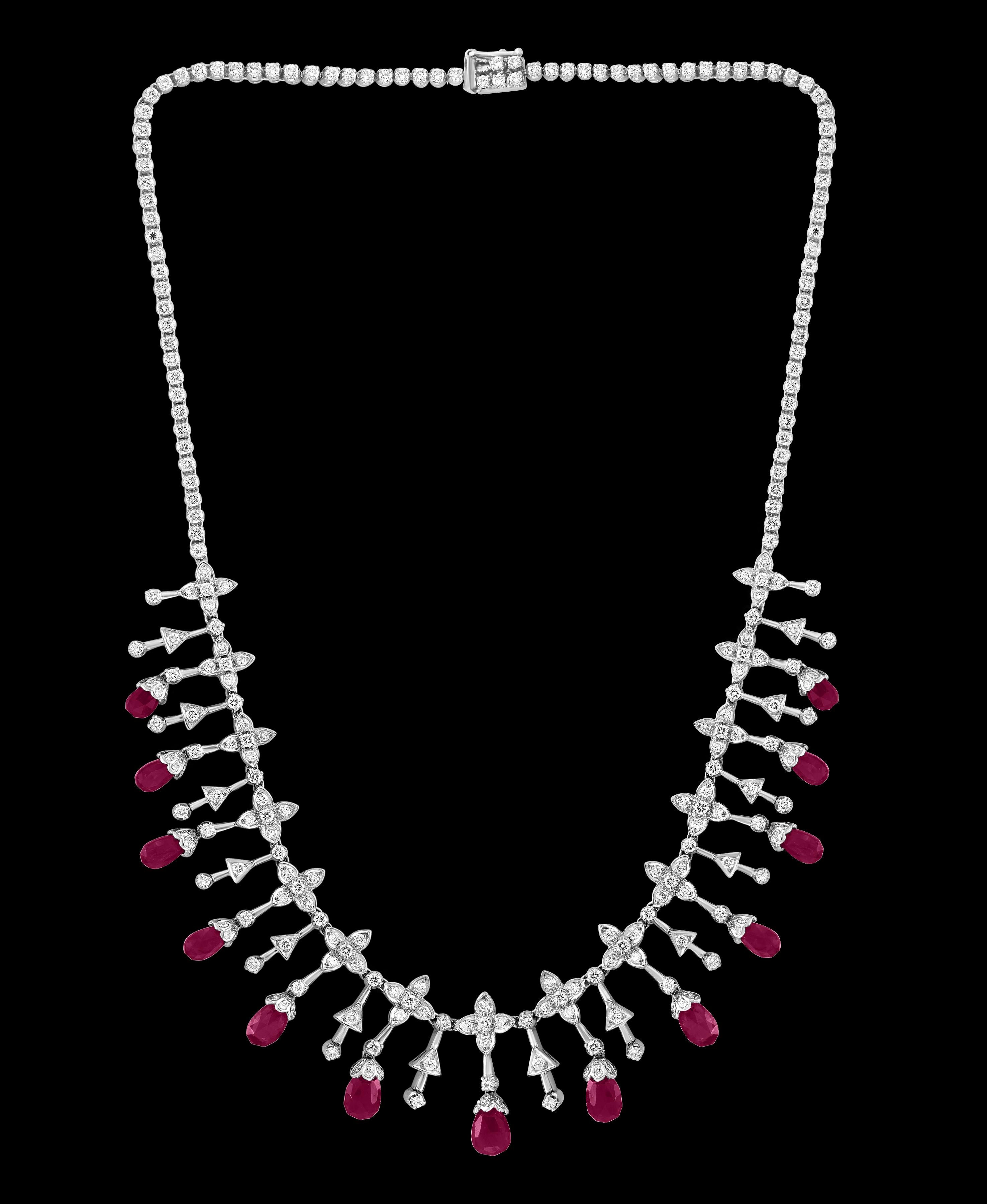 Oval Cut Natural Ruby Briolettes and Diamond Necklace 18 Karat White Gold, Estate