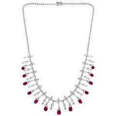 Natural Ruby Briolettes and Diamond Necklace 18 Karat White Gold, Estate