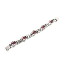 Natural Ruby Cabochon and Diamond Curb Link Bracelet, 18KT White Gold