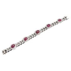 Natural Ruby Cabochon and Diamond Curb Link Bracelet, 18KT White Gold