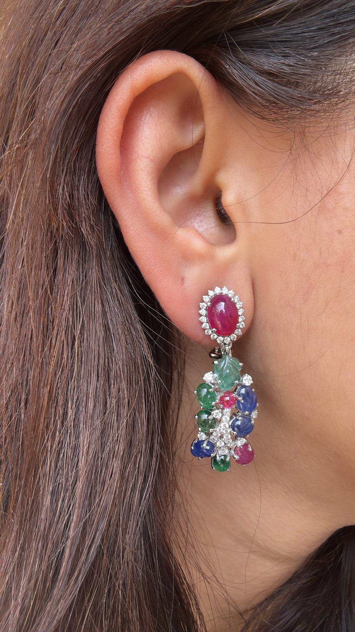 Pendientes de cabujón de rubí natural, zafiros azules tallados, esmeralda, rubí y diamantes en venta 5