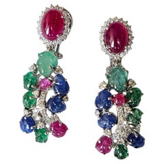 Natural Ruby cabochon, carved Blue Sapphires, Emerald, Ruby & Diamonds Earrings