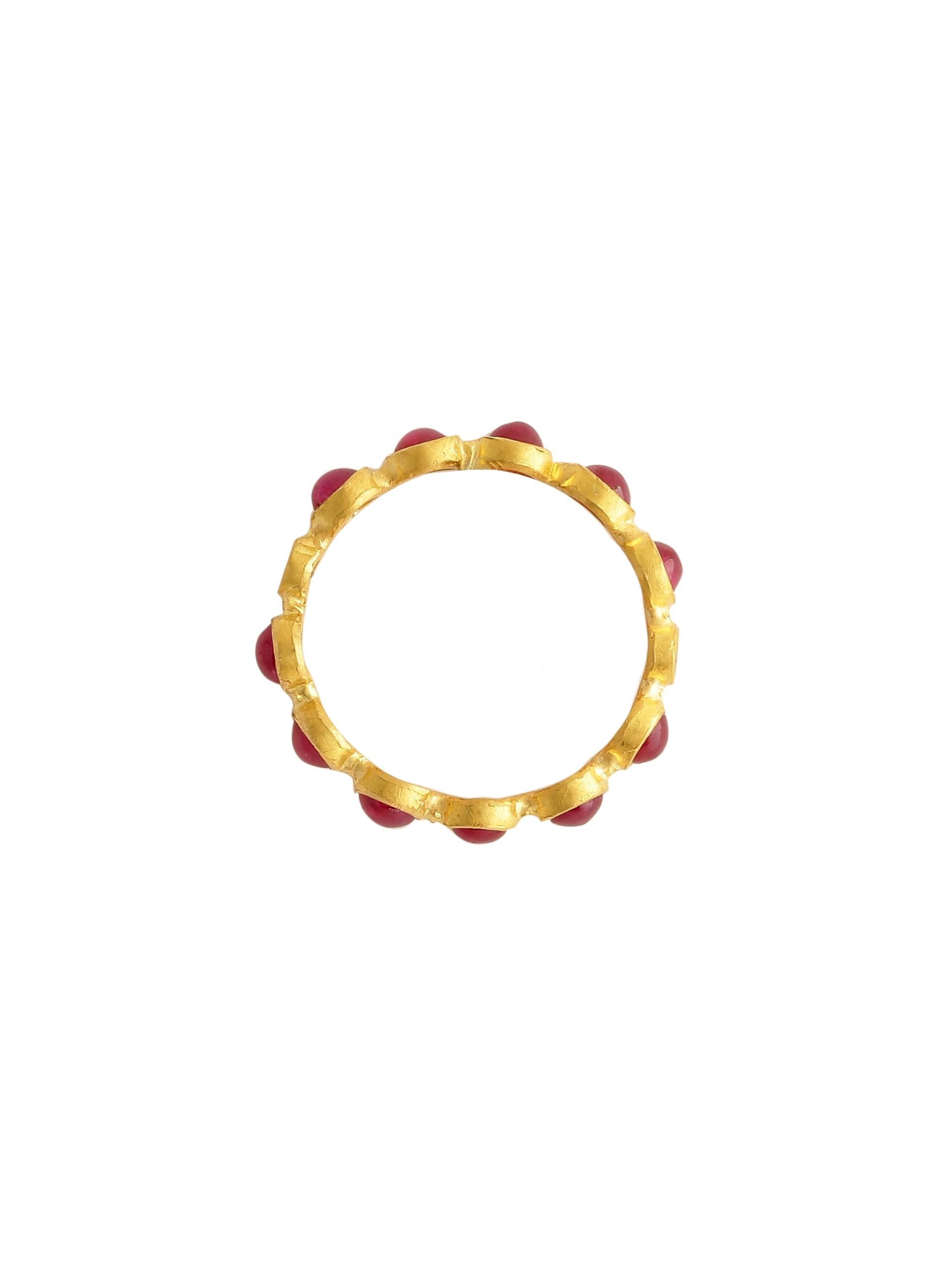 Modern Natural Ruby Cabochon stackable ring with diamonds handcrafted in 22K gold For Sale