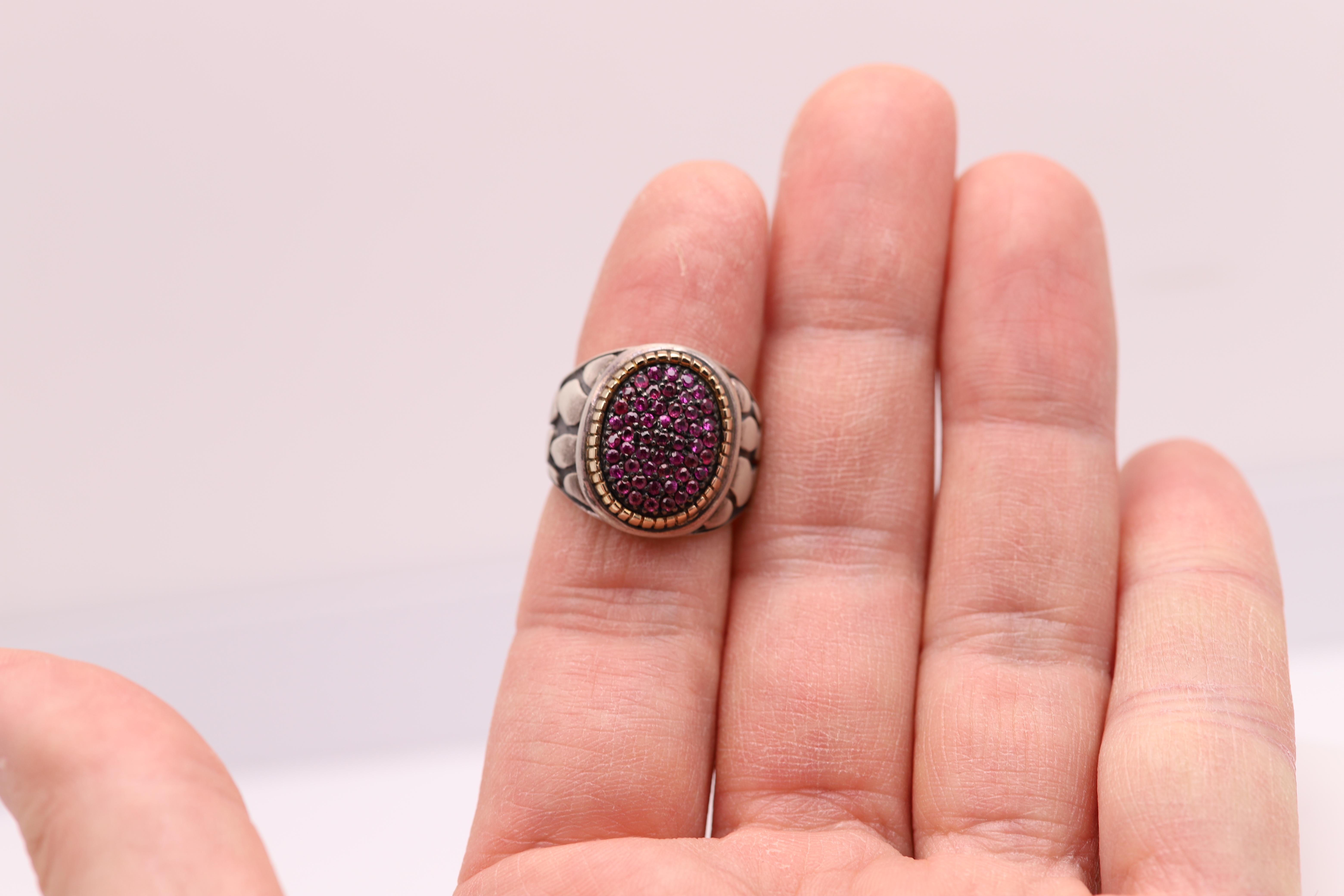 Vintage Brilliant Ring with a Cluster of Natural Ruby Stones
Approx ruby area size 15 x 12 mm
Mostly Sterling Silver 925 and the bezel is solid 18k yellow gold.
Well craftsmanship - made in Italy
Finger size 6.75 (can be re-sized)
Overall weight is