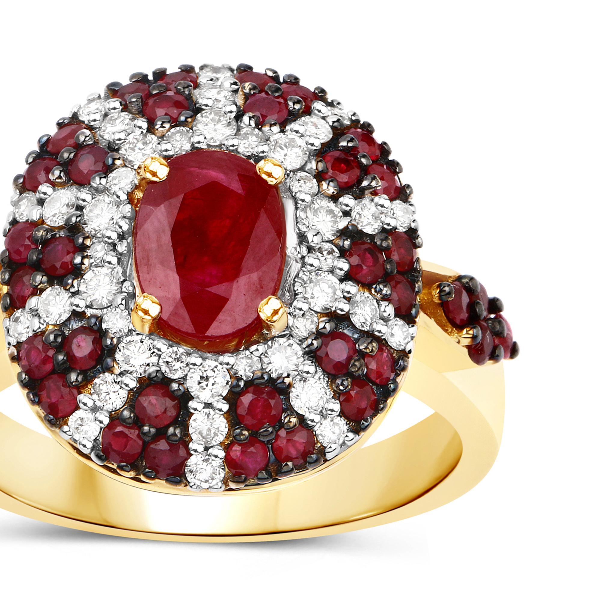 Oval Cut Natural Ruby Cocktail Ring Set With Diamonds 14K Yellow Gold For Sale