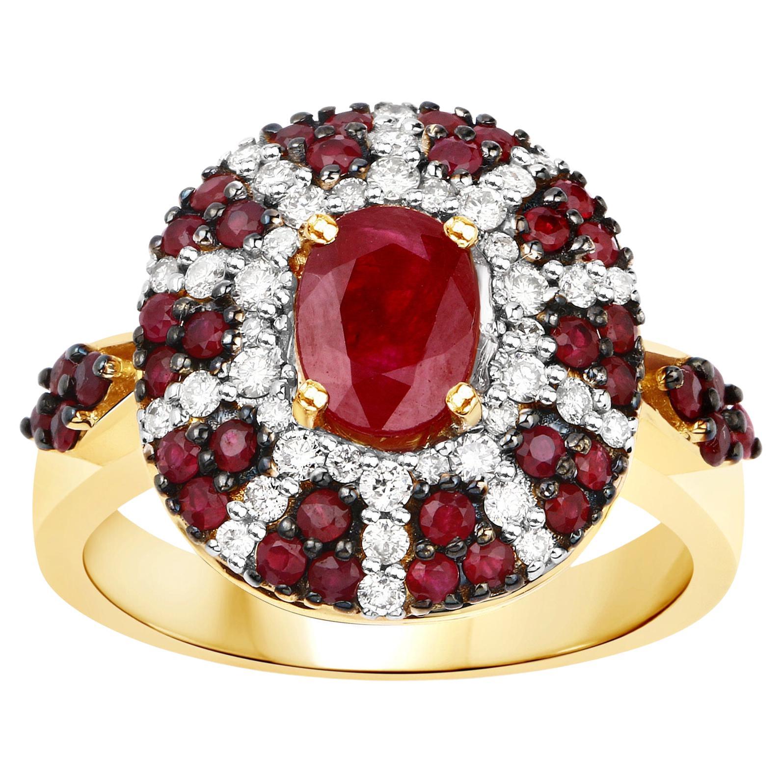 Natural Ruby Cocktail Ring Set With Diamonds 14K Yellow Gold For Sale