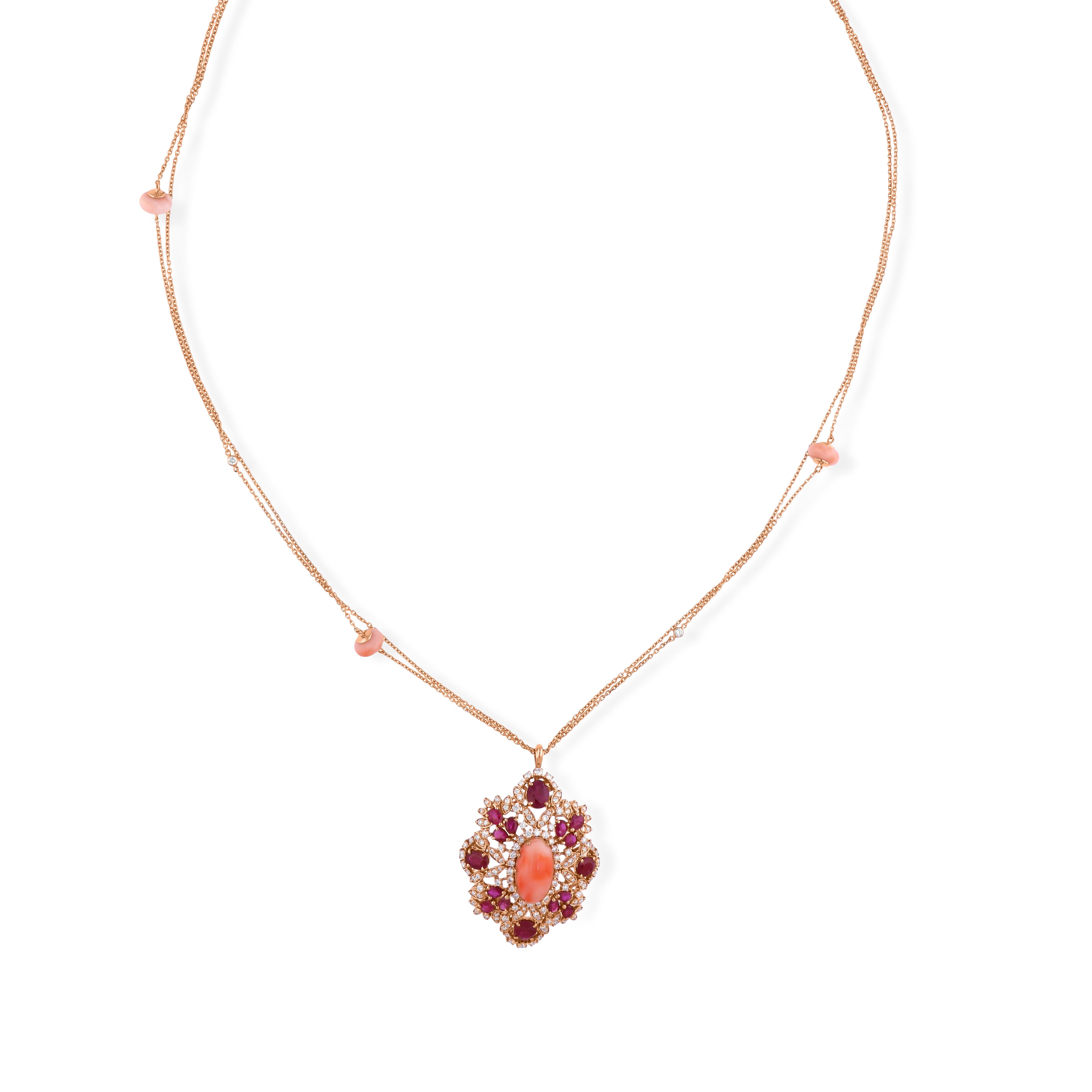 Collana con ciondolo in pietra preziosa di corallo rubino naturale SI/H Diamante in oro rosa 14 carati In condizioni Nuovo in vendita a Diera, Dubai