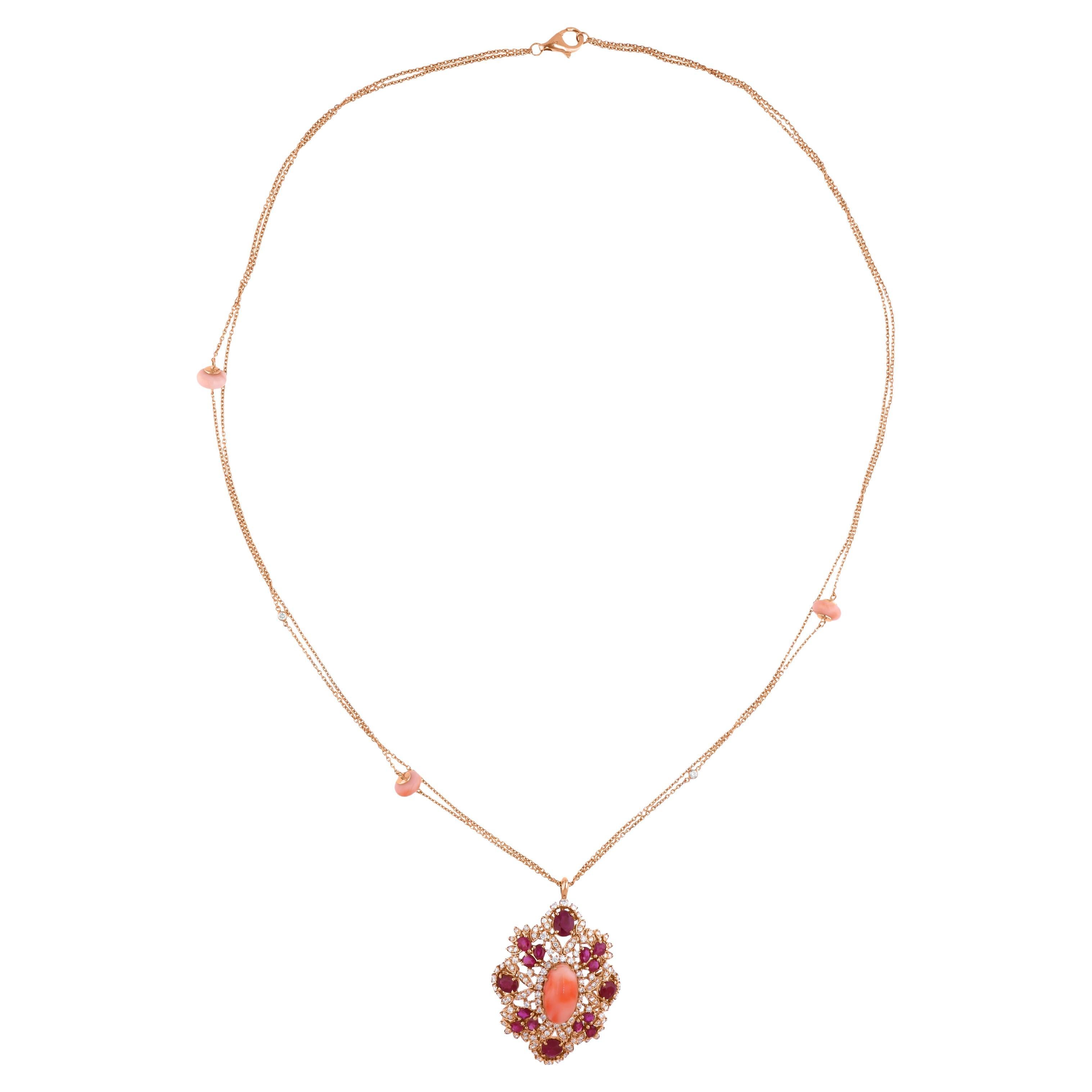 Collana con ciondolo in pietra preziosa di corallo rubino naturale SI/H Diamante in oro rosa 14 carati