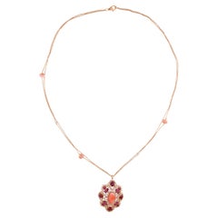 Natural Ruby Coral Gemstone Pendant Necklace SI/H Diamond 18 Karat Rose Gold