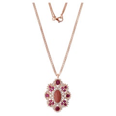 Collar Colgante Piedra Preciosa Coral Rubí Natural SI/H Diamante Oro Rosa 18 Kilates