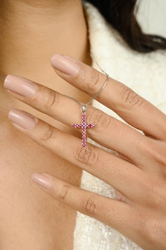 Natural Ruby Cross Pendant Handcrafted in 18k Solid White Gold Unisex Gift