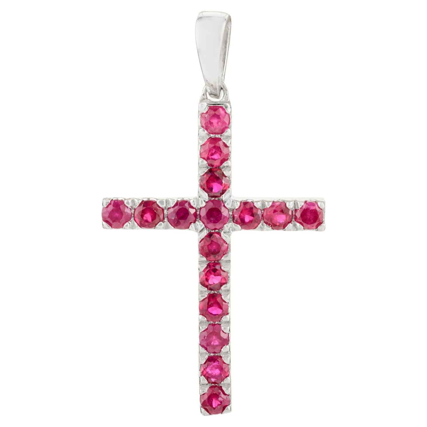 Natural Ruby Cross Pendant Handcrafted in 18k Solid White Gold Unisex Gift