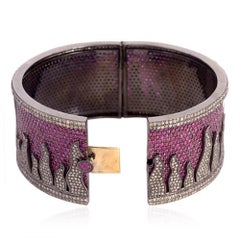 Natural Ruby Cuff with Fire Design Pattern & Pave Diamonds Made in Gold & Silver