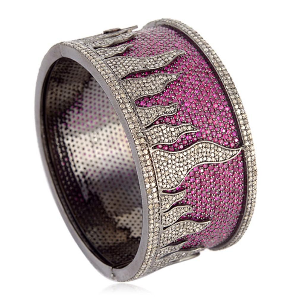Contemporary Natural Ruby Cuff with Fire Design Pattern & Pave Diamonds Made in Gold & Silver For Sale