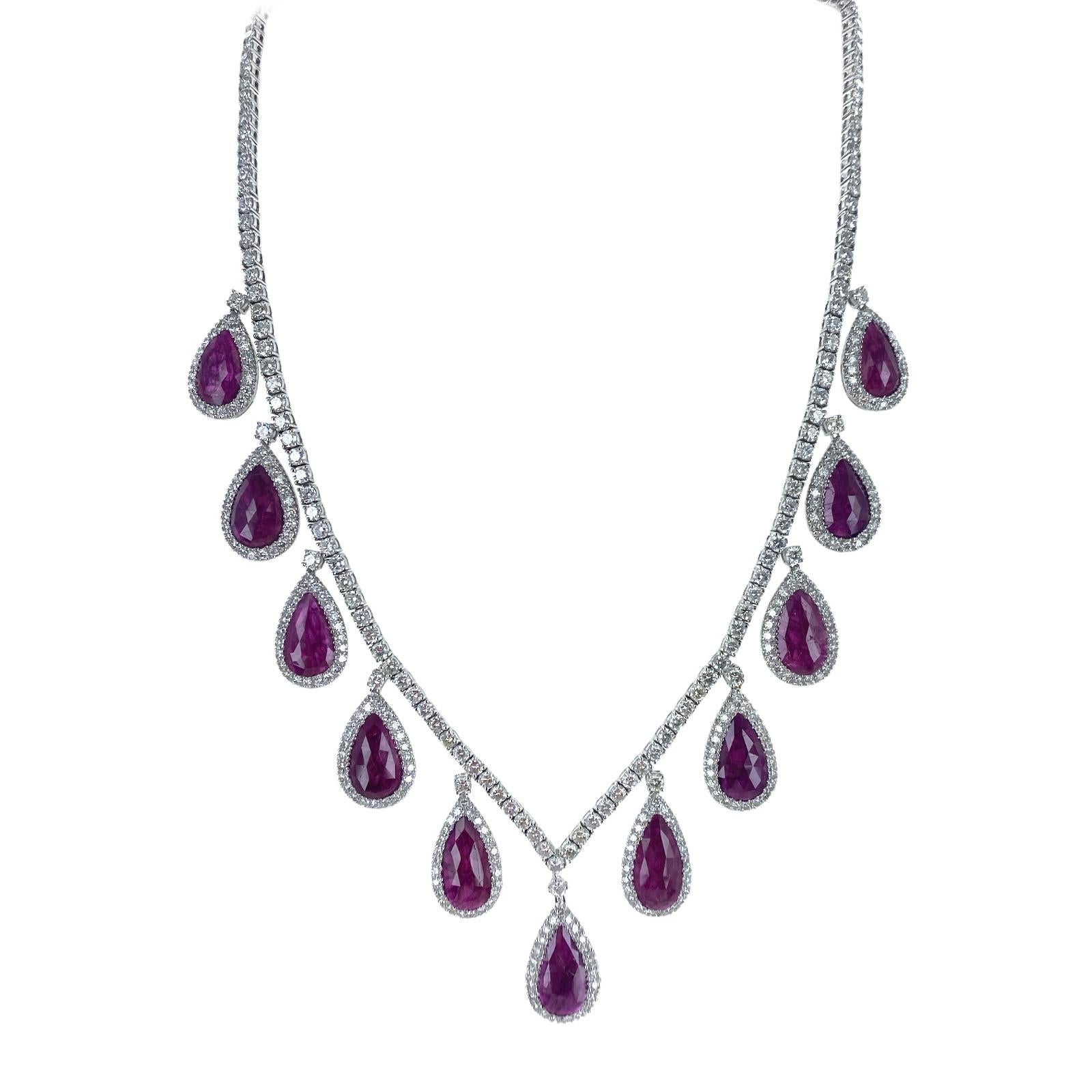 Modern Natural Ruby Diamond 18 Karat White Gold Drop Estate Necklace