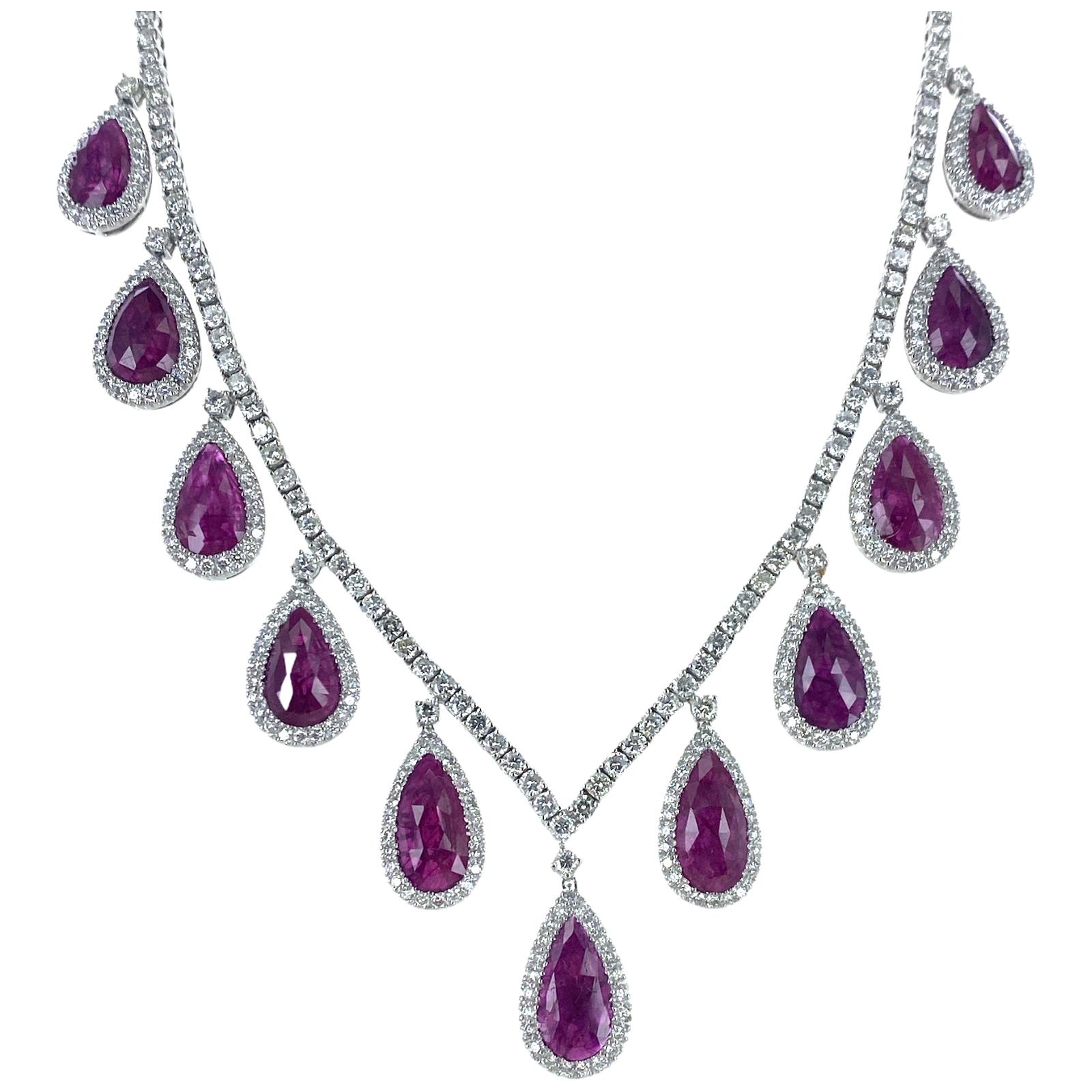 Natural Ruby Diamond 18 Karat White Gold Drop Estate Necklace