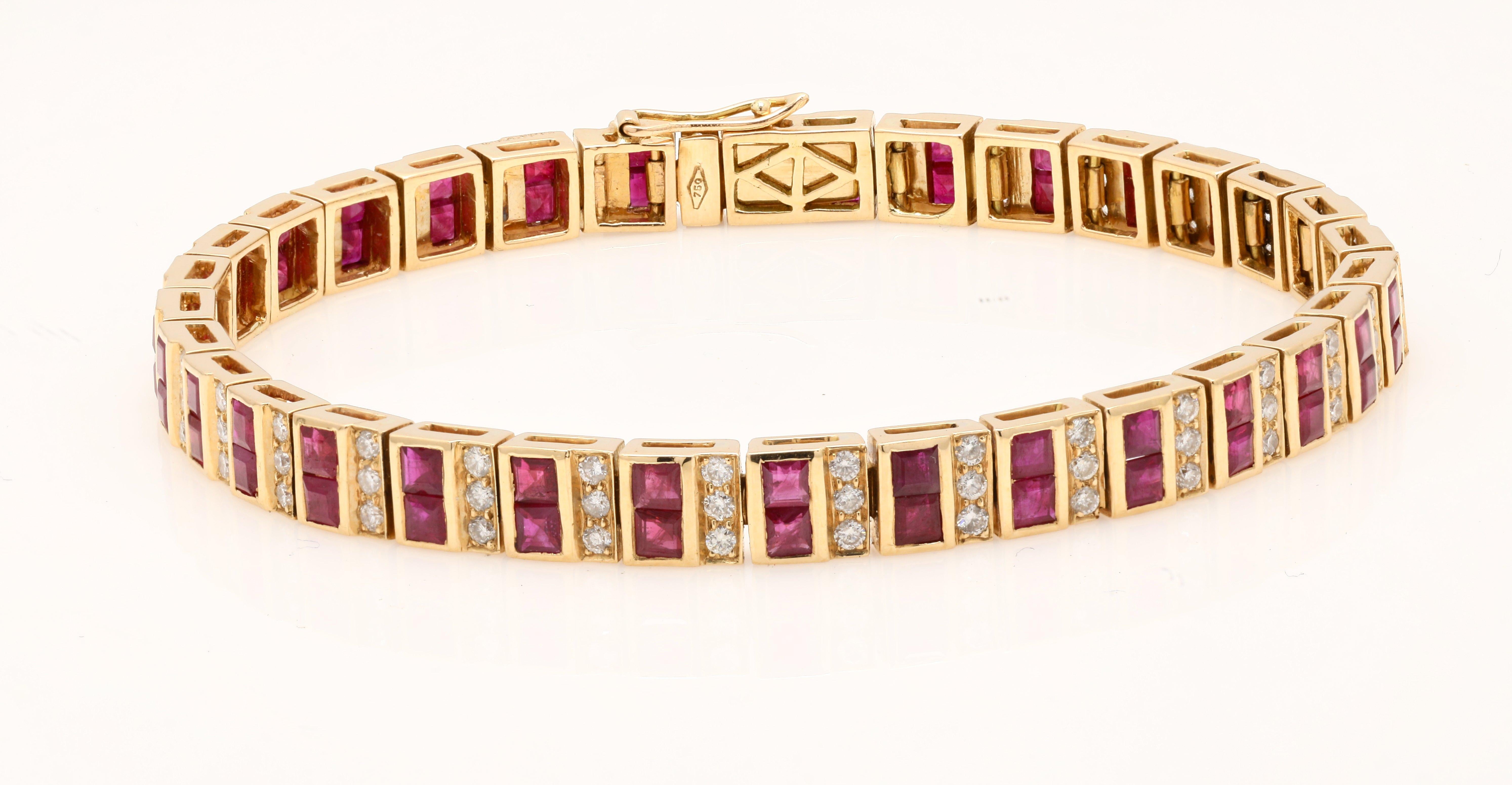 Art Deco 18K Yellow Gold Handmade Ruby Tennis Bracelet with Diamonds For Sale