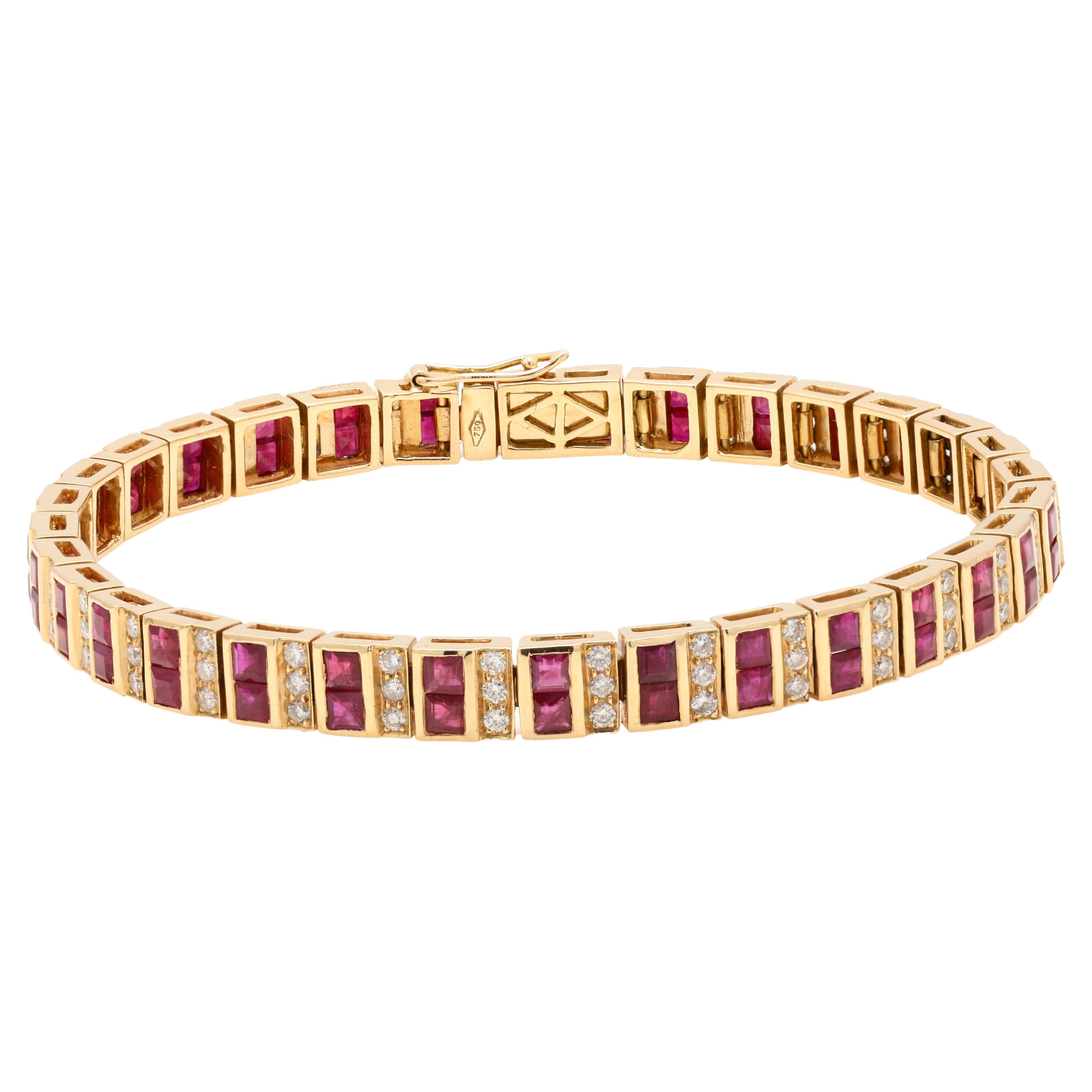 Bracelet tennis en or jaune 18 carats fait main avec rubis et diamants