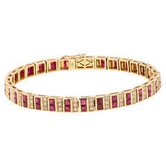 18K Yellow Gold Handmade Ruby Tennis Bracelet with Diamonds