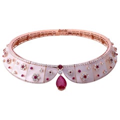 Halskette mit natürlichen Rubinen, Diamanten und Perlmutt, 14-karätiges Roségold