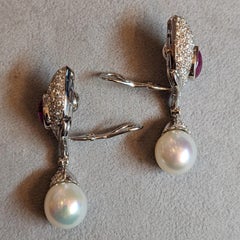 Pendientes Gota de Rubí Natural, Diamante y Perla en Platino