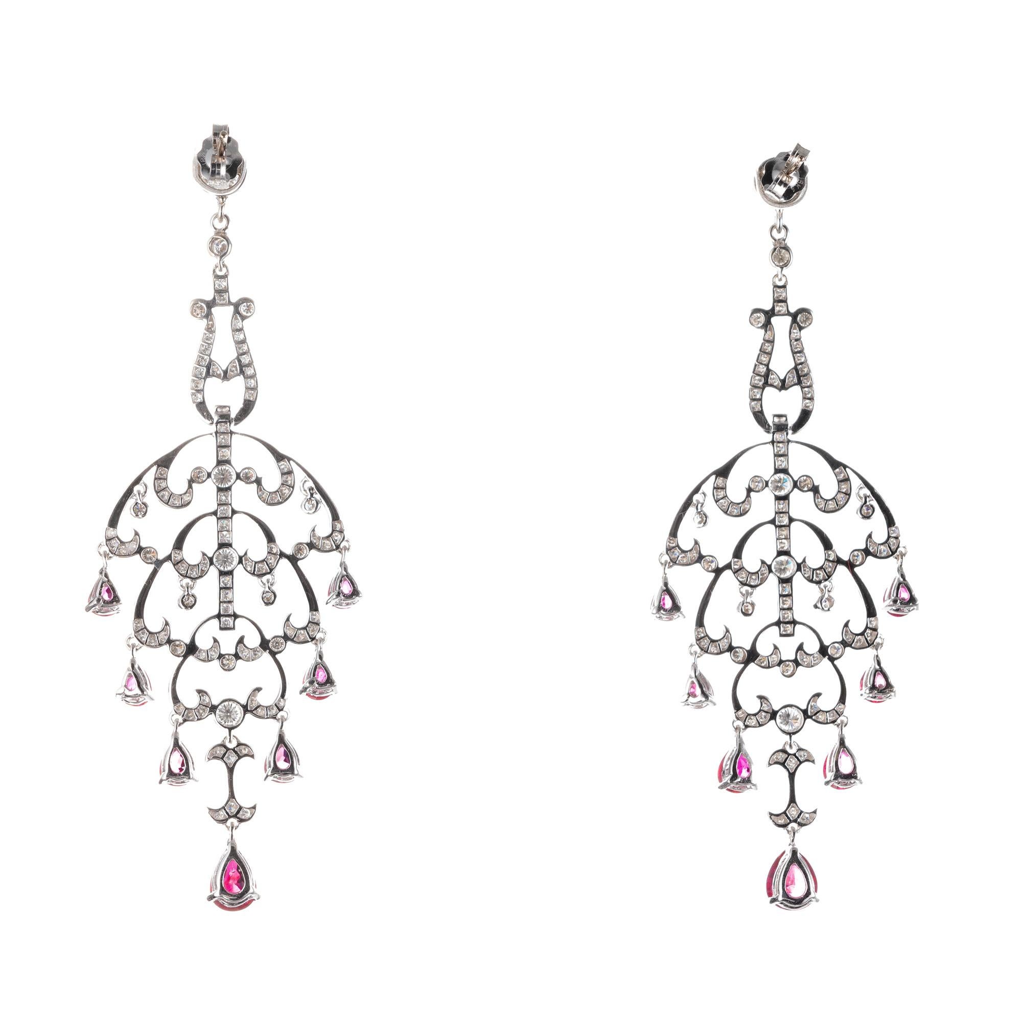 Natural Ruby Diamond Chandelier Dangle Earrings In Good Condition In Stamford, CT