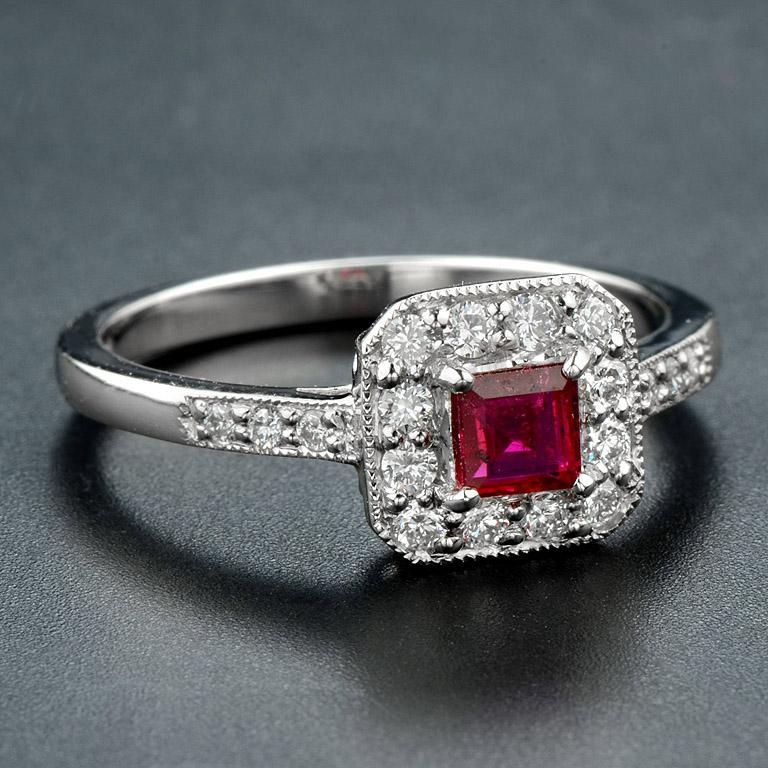 For Sale:  Art Deco Style Ruby and Diamond Halo Engagement Ring in 18K White Gold 3