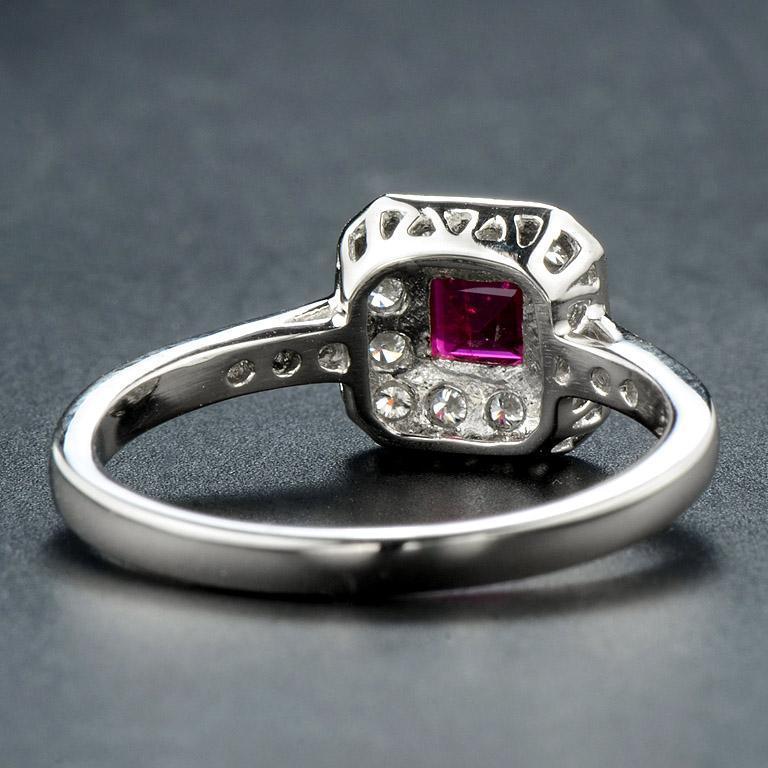 For Sale:  Art Deco Style Ruby and Diamond Halo Engagement Ring in 18K White Gold 5