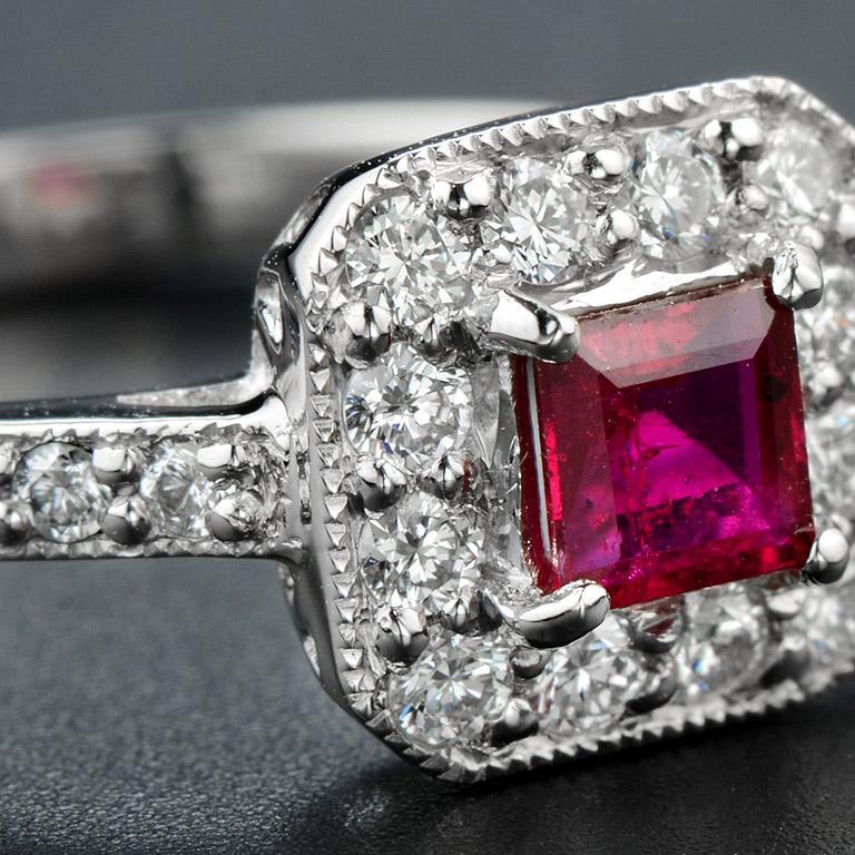 For Sale:  Art Deco Style Ruby and Diamond Halo Engagement Ring in 18K White Gold 6