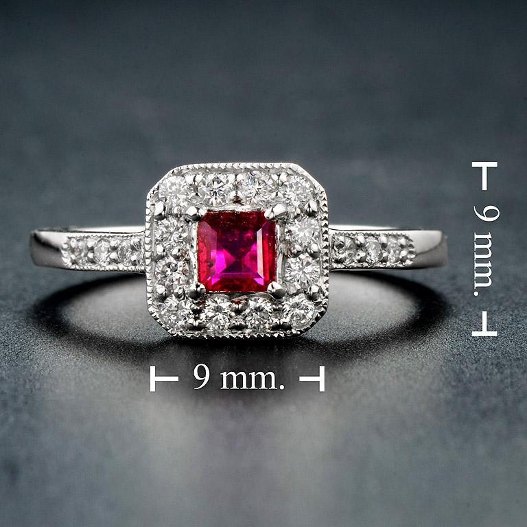 For Sale:  Art Deco Style Ruby and Diamond Halo Engagement Ring in 18K White Gold 7