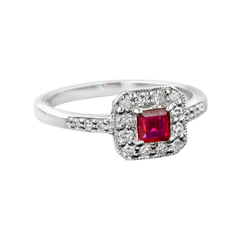Art Deco Style Ruby and Diamond Halo Engagement Ring in 18K White Gold