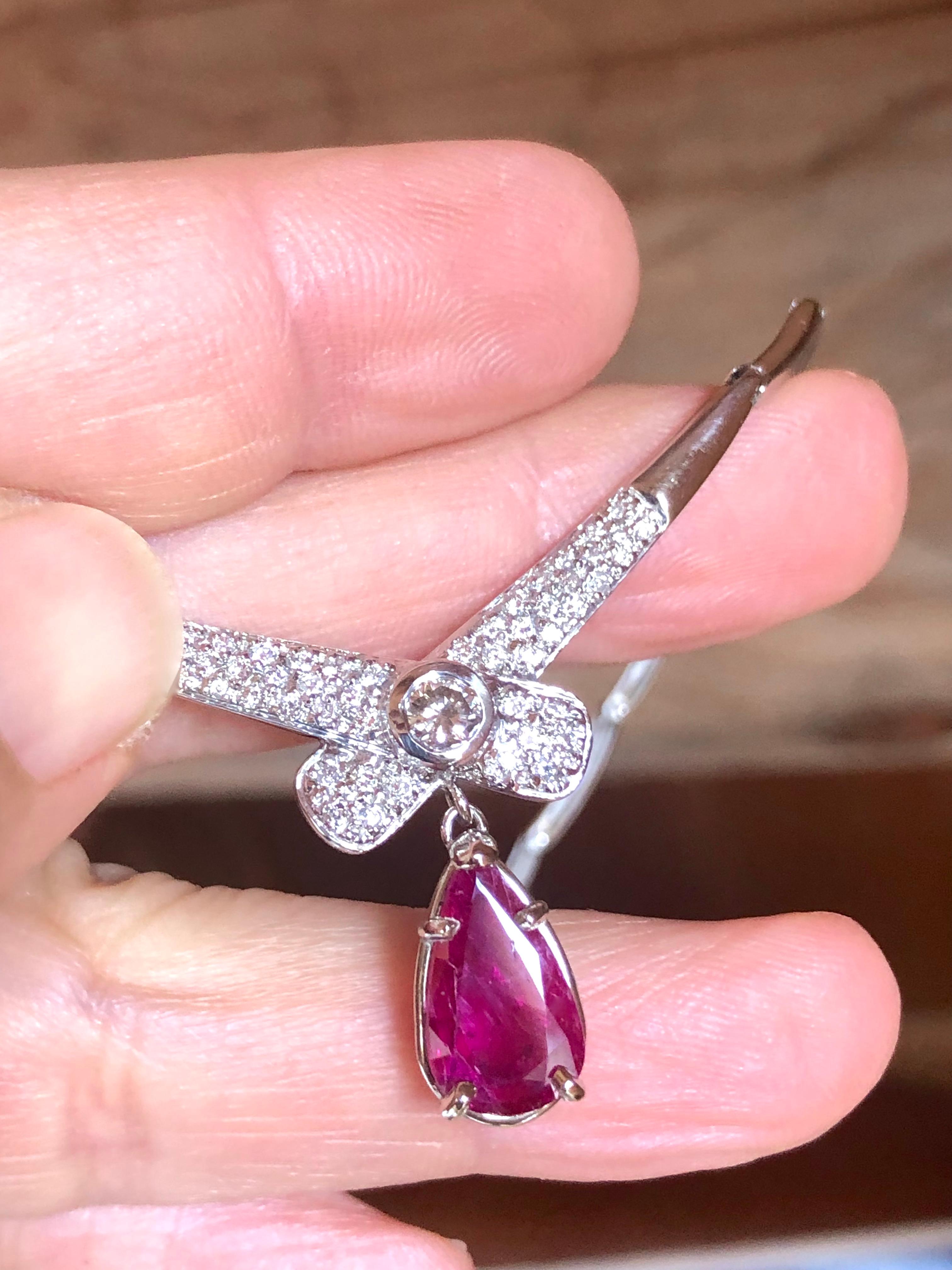 Natural Ruby and Diamond Drop Estate Necklace 14 Karat White Gold For Sale 2